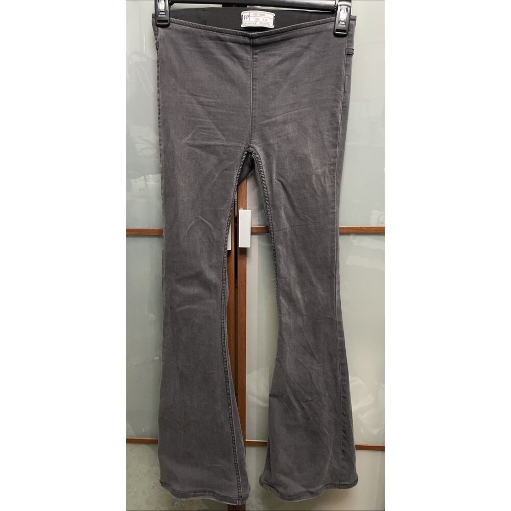 Free People Penny Pull On Flare Black Bellbottom Faded Denim Stretch Jeans Sz 26